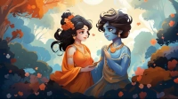 Modern anime-style digital painting of Shri Radha in orange and Lord Krishna in blue gazing lovingly at each other in Vrindavan. | PrintPosters.in